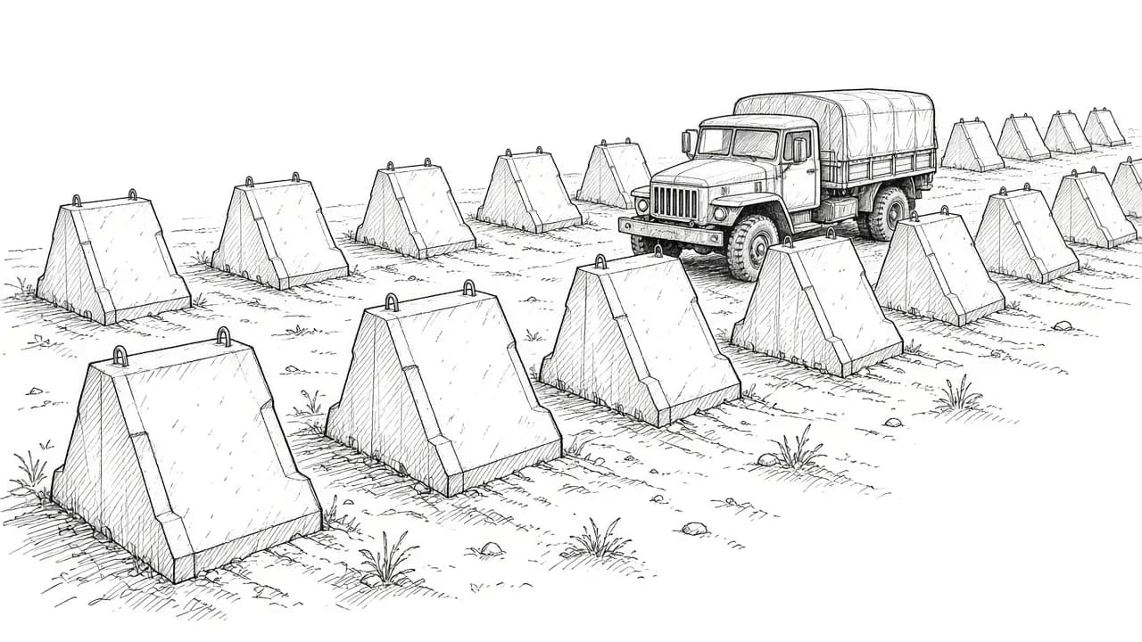 Concrete dragon's teeth lining a base perimeter fence with a guard tower (concept rendering)